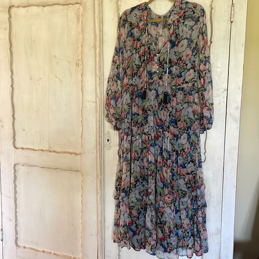Anthropology Chiffon Maxi Dress,  size L, Long sleeve , Tiered Skirt